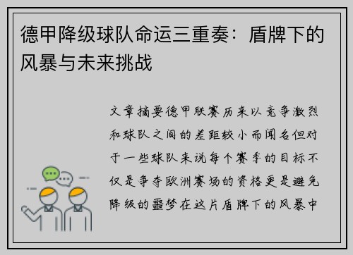 德甲降级球队命运三重奏：盾牌下的风暴与未来挑战