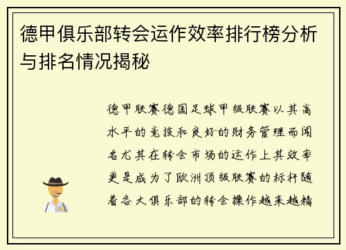 德甲俱乐部转会运作效率排行榜分析与排名情况揭秘